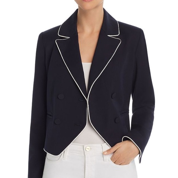 FRAME Women’s Cropped Double Breasted Blazer Navy White Size 0 Nautical Preppy - Picture 2 of 11
